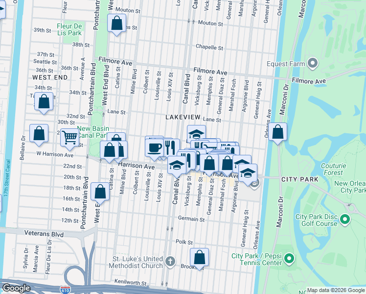 map of restaurants, bars, coffee shops, grocery stores, and more near 6352 Canal Boulevard in New Orleans