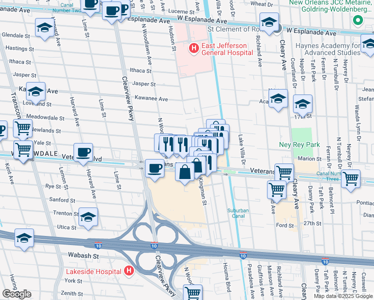 map of restaurants, bars, coffee shops, grocery stores, and more near 4401 Yale Street in Metairie