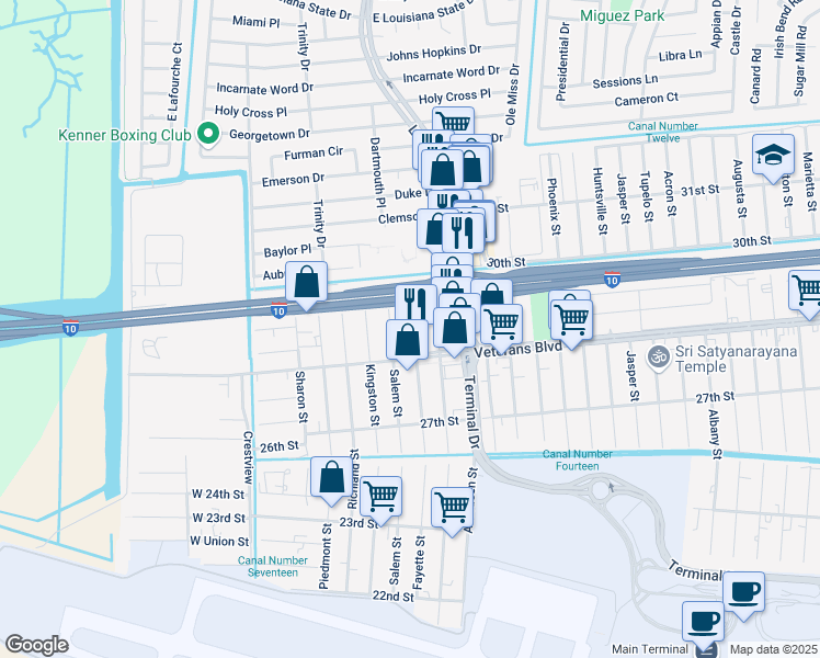 map of restaurants, bars, coffee shops, grocery stores, and more near 2831 Fayette Street in Kenner