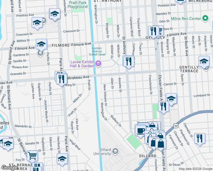 map of restaurants, bars, coffee shops, grocery stores, and more near 1873 Carnot Street in New Orleans