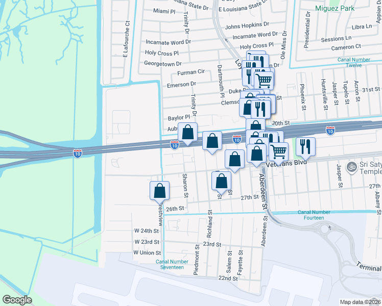 map of restaurants, bars, coffee shops, grocery stores, and more near 282 Piedmont Street in Kenner