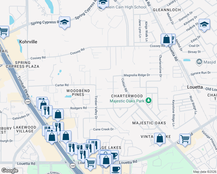 map of restaurants, bars, coffee shops, grocery stores, and more near 9811 Charter Ridge Drive in Houston