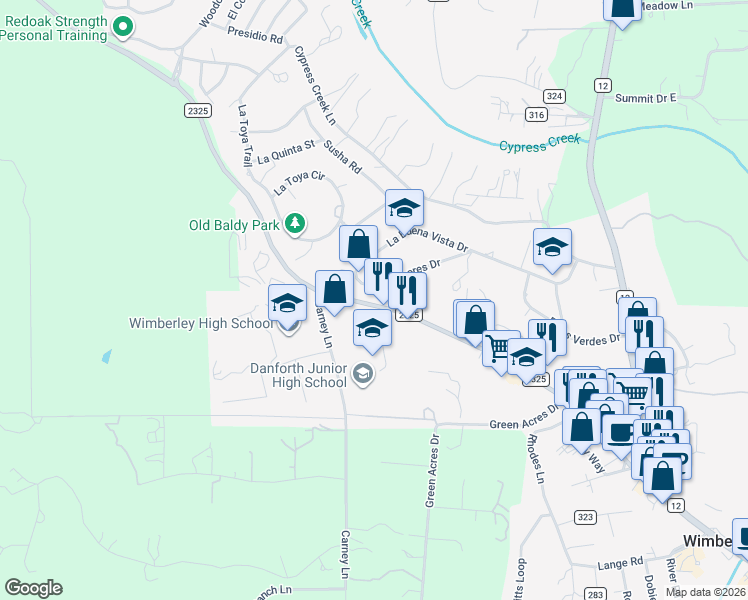 map of restaurants, bars, coffee shops, grocery stores, and more near 900 Farm to Market Road 2325 in Wimberley