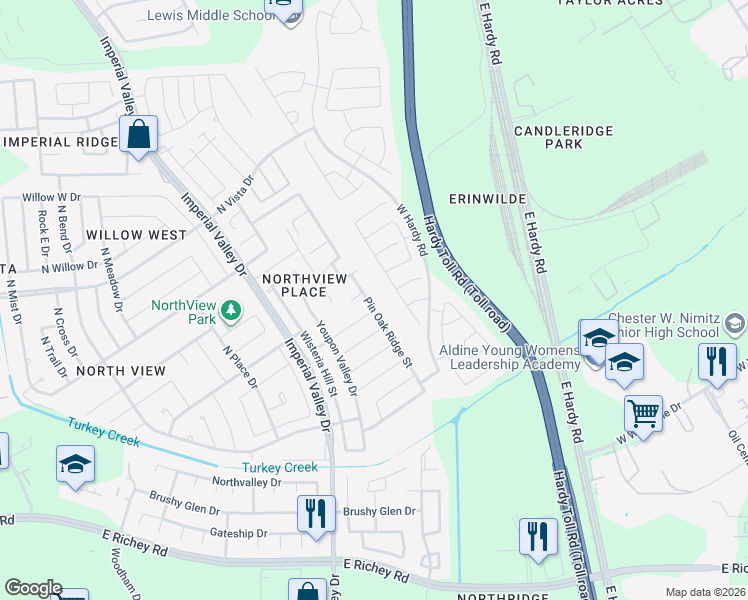 map of restaurants, bars, coffee shops, grocery stores, and more near 16014 Pin Oak Ridge Street in Houston