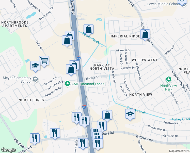 map of restaurants, bars, coffee shops, grocery stores, and more near 19 North Vista Drive in Houston