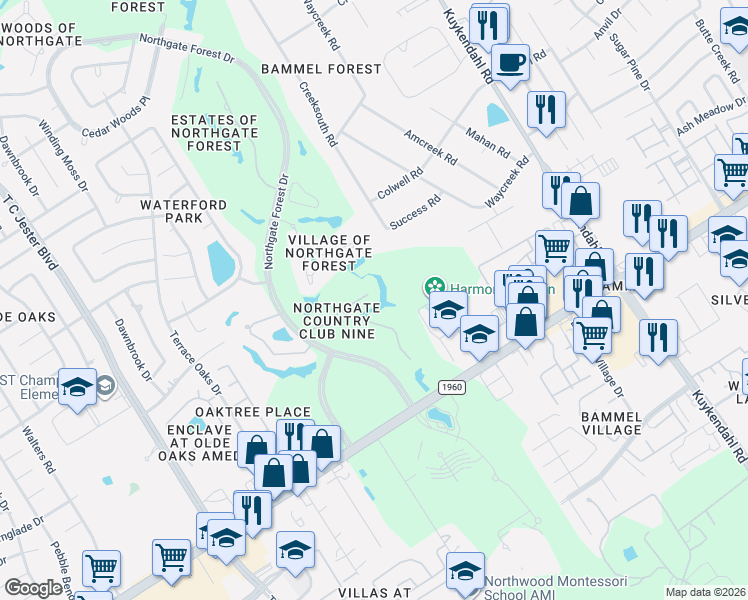 map of restaurants, bars, coffee shops, grocery stores, and more near 16002 Bridges Fairway Lane in Houston