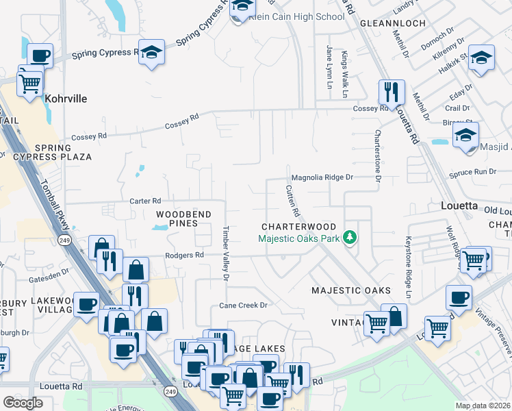 map of restaurants, bars, coffee shops, grocery stores, and more near 9811 Charter Ridge Drive in Houston