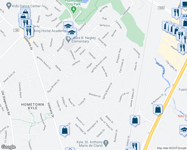 map of restaurants, bars, coffee shops, grocery stores, and more near 174 Spring Branch Loop in Kyle