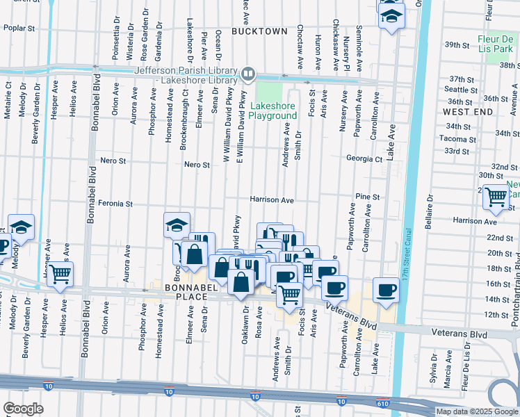 map of restaurants, bars, coffee shops, grocery stores, and more near 852 Rosa Avenue in Metairie