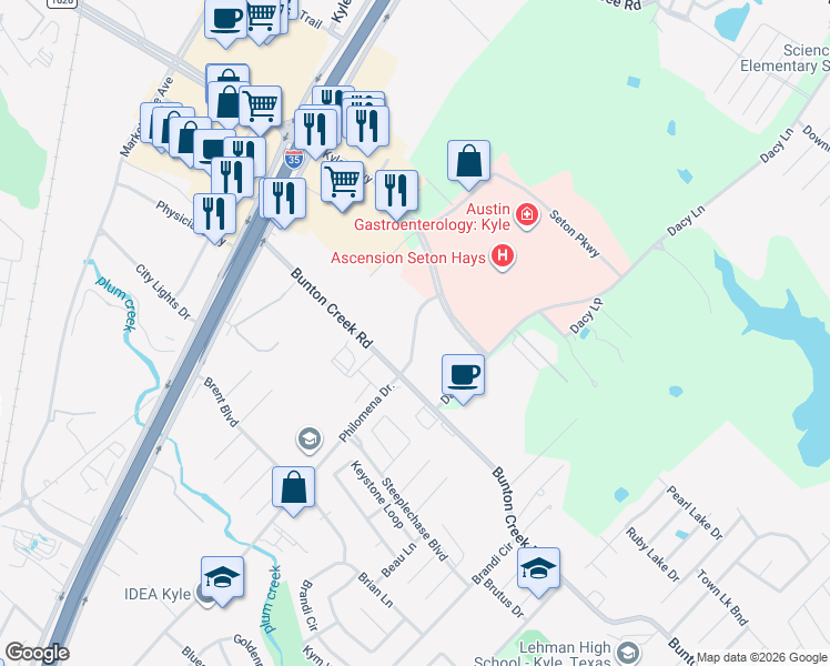 map of restaurants, bars, coffee shops, grocery stores, and more near 2200 Philomena Drive in Kyle