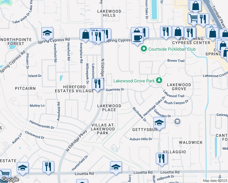 map of restaurants, bars, coffee shops, grocery stores, and more near 16134 Sweetwater Fields Lane in Tomball