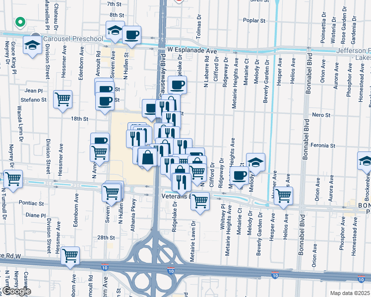 map of restaurants, bars, coffee shops, grocery stores, and more near 3027 Ridgelake Drive in Metairie