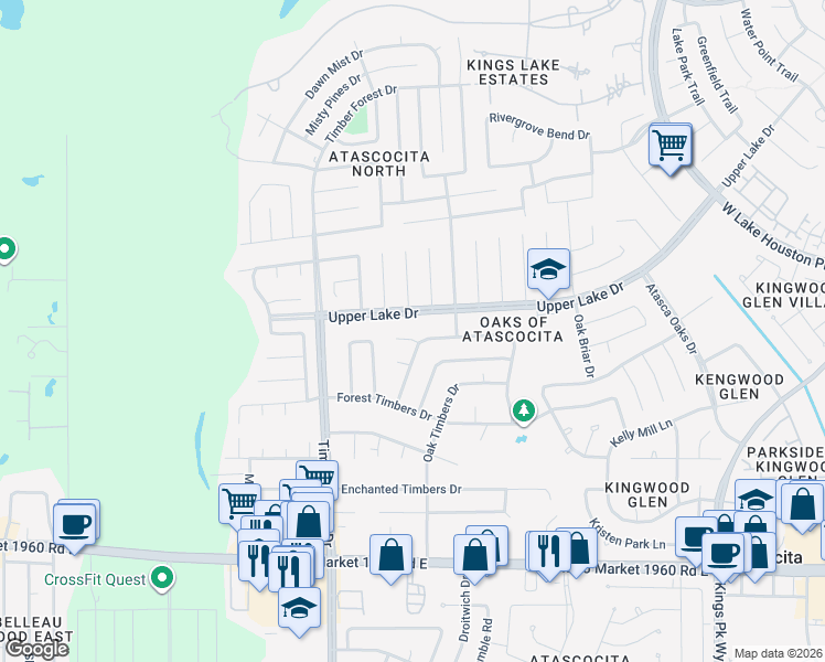 map of restaurants, bars, coffee shops, grocery stores, and more near 5518 Coon Tree Court in Humble