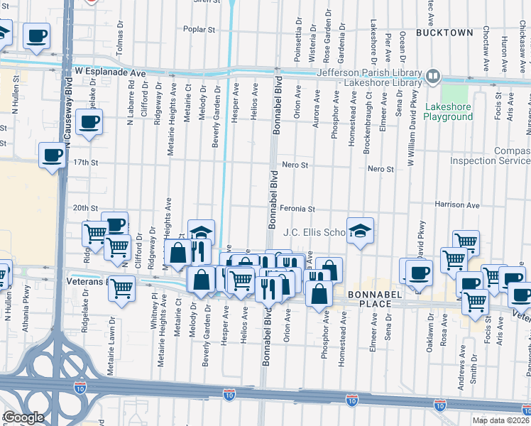 map of restaurants, bars, coffee shops, grocery stores, and more near 943 Bonnabel Boulevard in Metairie