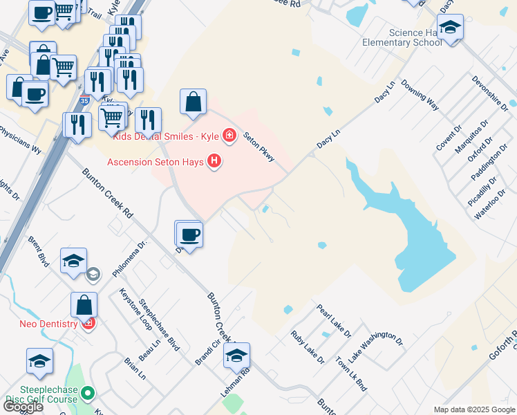 map of restaurants, bars, coffee shops, grocery stores, and more near 1700 County Road 205 in Kyle