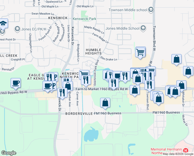 map of restaurants, bars, coffee shops, grocery stores, and more near 8811 Farm to Market 1960 in Humble