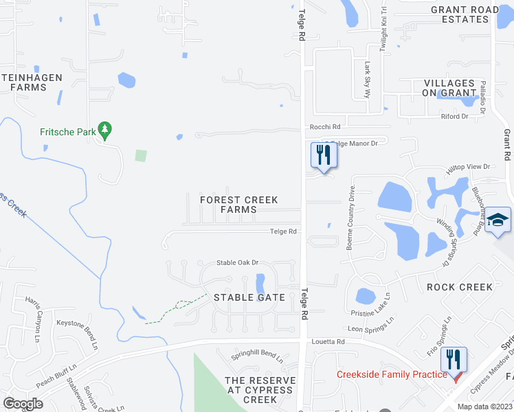 map of restaurants, bars, coffee shops, grocery stores, and more near 15430 Brock Creek Way in Cypress