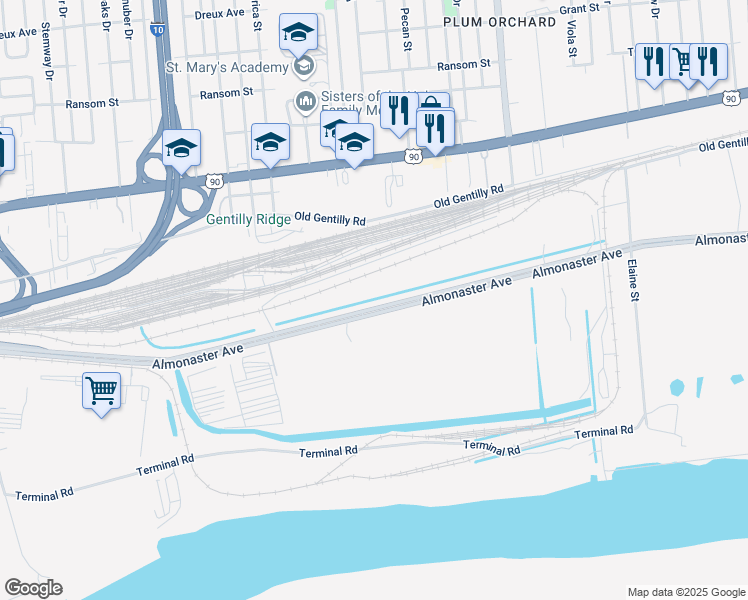 map of restaurants, bars, coffee shops, grocery stores, and more near 7687-7729 Almonaster Avenue in New Orleans