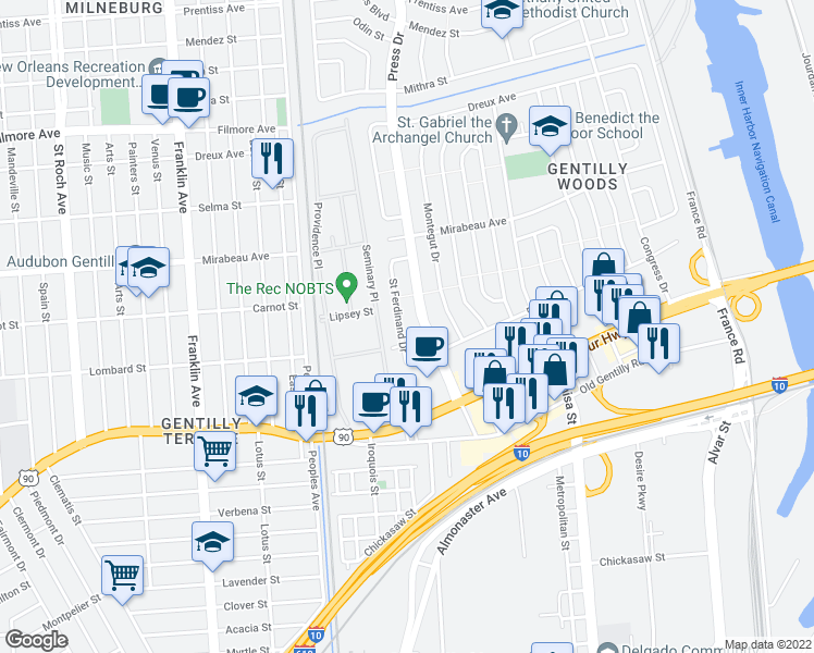 map of restaurants, bars, coffee shops, grocery stores, and more near 4143 Dement Street in New Orleans