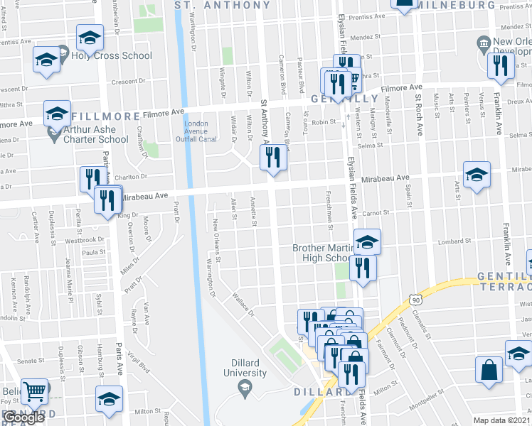 map of restaurants, bars, coffee shops, grocery stores, and more near 4705 Saint Anthony Avenue in New Orleans