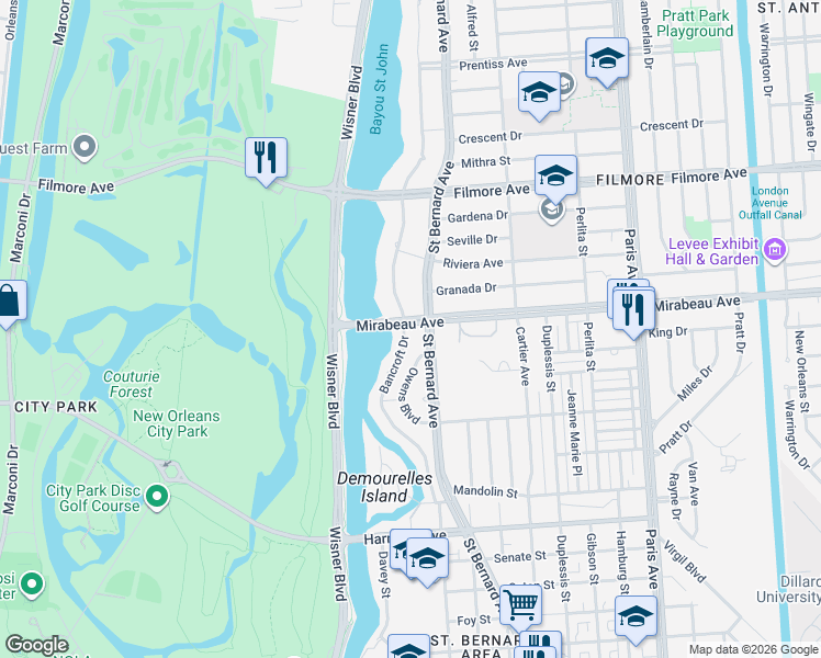 map of restaurants, bars, coffee shops, grocery stores, and more near 4800 Bancroft Drive in New Orleans