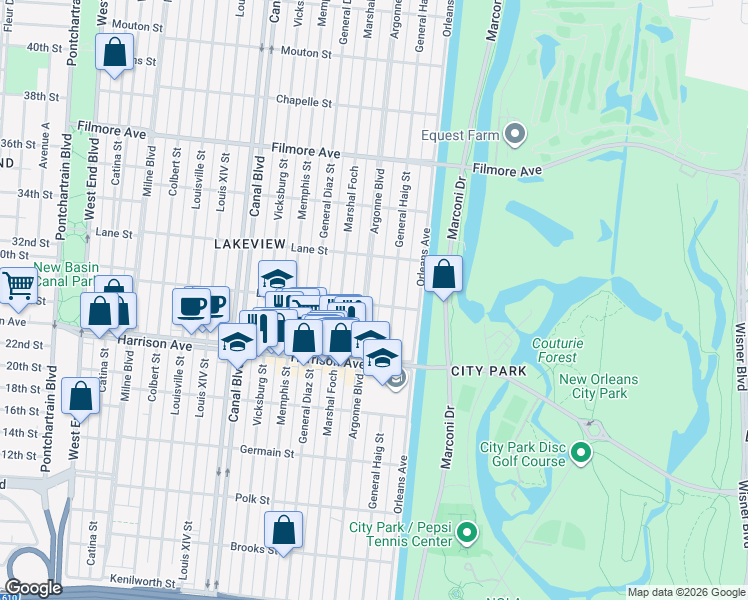 map of restaurants, bars, coffee shops, grocery stores, and more near 6377 Argonne Boulevard in New Orleans