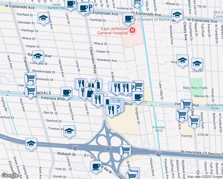 map of restaurants, bars, coffee shops, grocery stores, and more near 4531 Veterans Boulevard in Metairie
