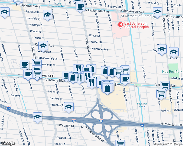 map of restaurants, bars, coffee shops, grocery stores, and more near 4601 Veterans Boulevard in Metairie