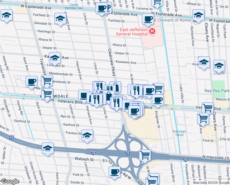 map of restaurants, bars, coffee shops, grocery stores, and more near 4601 Veterans Boulevard in Metairie