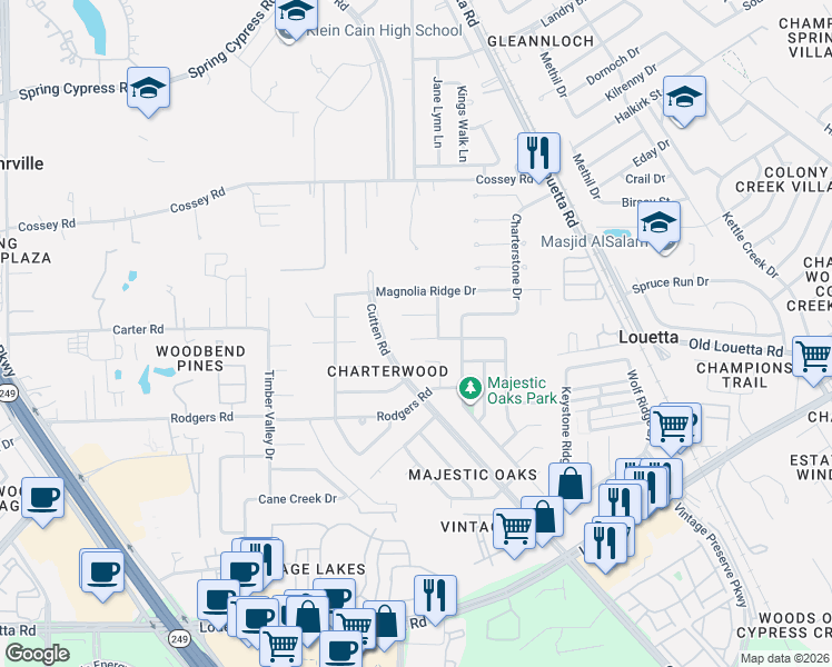 map of restaurants, bars, coffee shops, grocery stores, and more near 9611 Charter Ridge Drive in Houston
