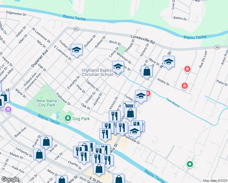 map of restaurants, bars, coffee shops, grocery stores, and more near 1000 Trotter Street in New Iberia