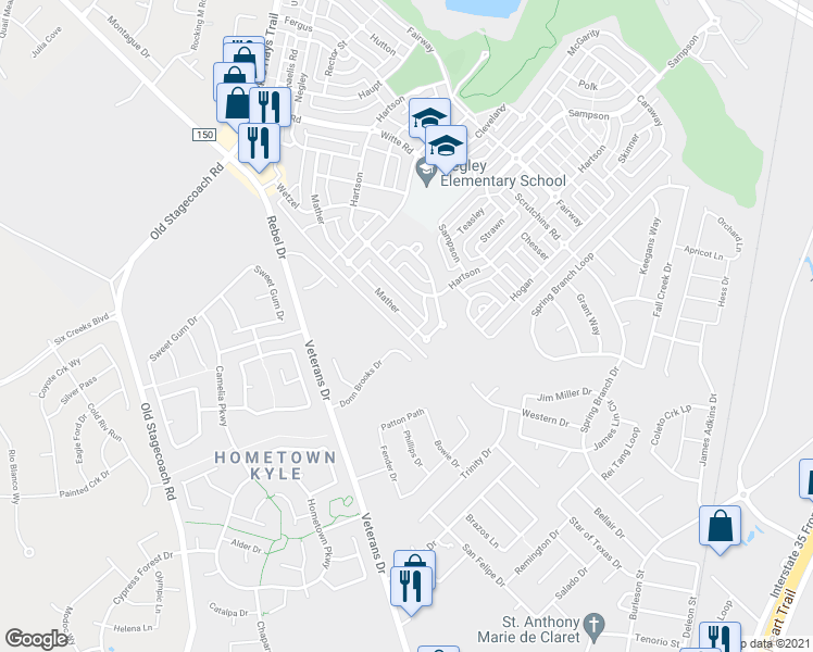 map of restaurants, bars, coffee shops, grocery stores, and more near 4482 Mather in Kyle