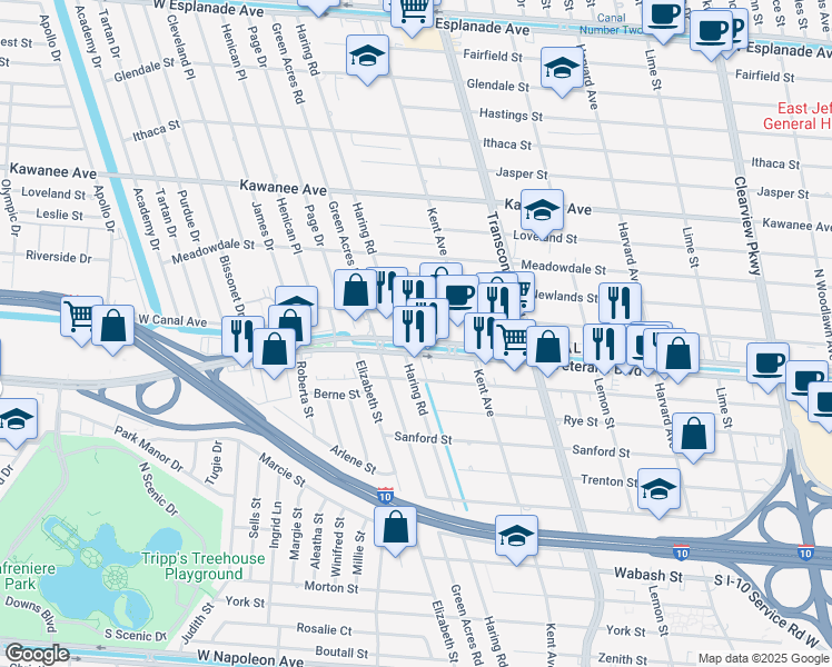 map of restaurants, bars, coffee shops, grocery stores, and more near 5258 Veterans Boulevard in Metairie