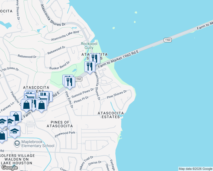 map of restaurants, bars, coffee shops, grocery stores, and more near 19780 Atascocita Shores Drive in Humble