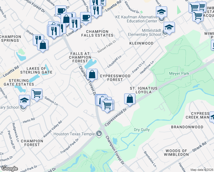 map of restaurants, bars, coffee shops, grocery stores, and more near 16243 Morningbrook Drive in Spring