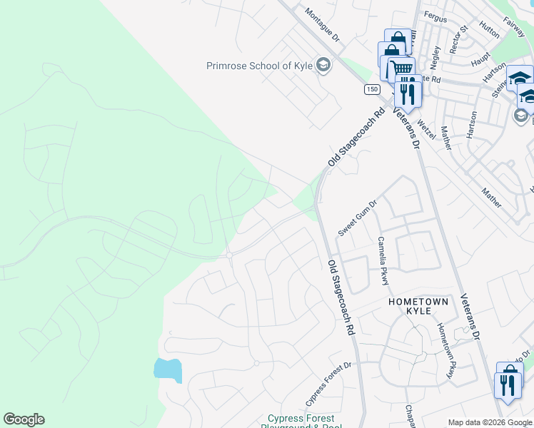map of restaurants, bars, coffee shops, grocery stores, and more near 416 Coyote Creek Way in Kyle