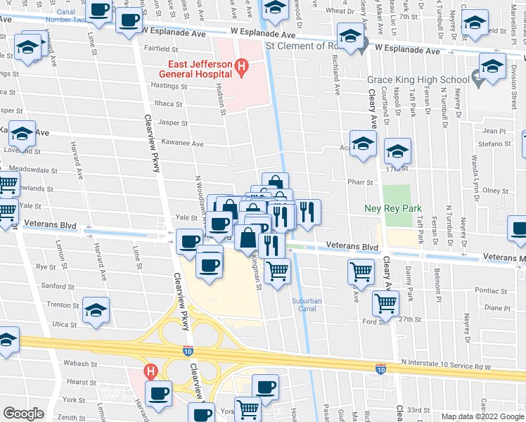 map of restaurants, bars, coffee shops, grocery stores, and more near 3501 Houma Boulevard in Metairie