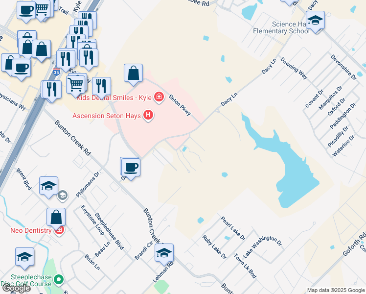 map of restaurants, bars, coffee shops, grocery stores, and more near 1700 County Road 205 in Kyle