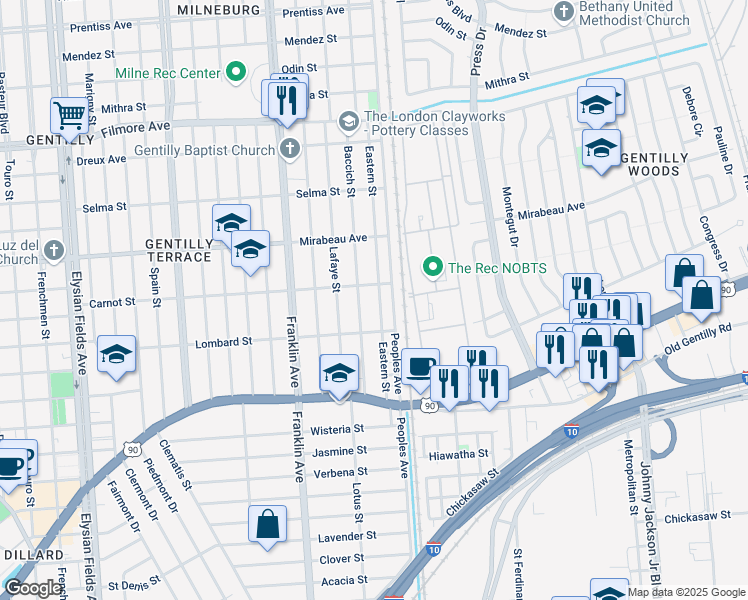 map of restaurants, bars, coffee shops, grocery stores, and more near 4625 Eastern Street in New Orleans