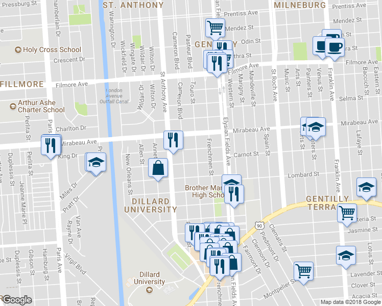 map of restaurants, bars, coffee shops, grocery stores, and more near 4701 Pauger Street in New Orleans