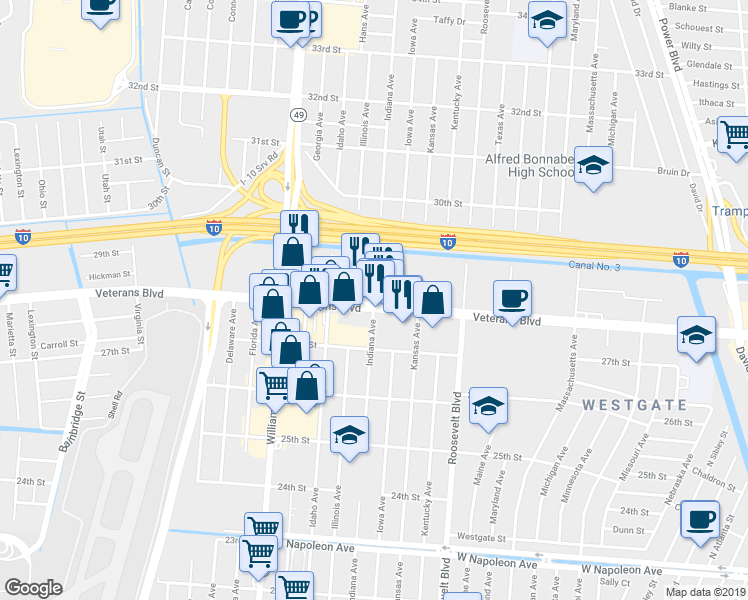 map of restaurants, bars, coffee shops, grocery stores, and more near 2235 Veterans Memorial Boulevard in Kenner