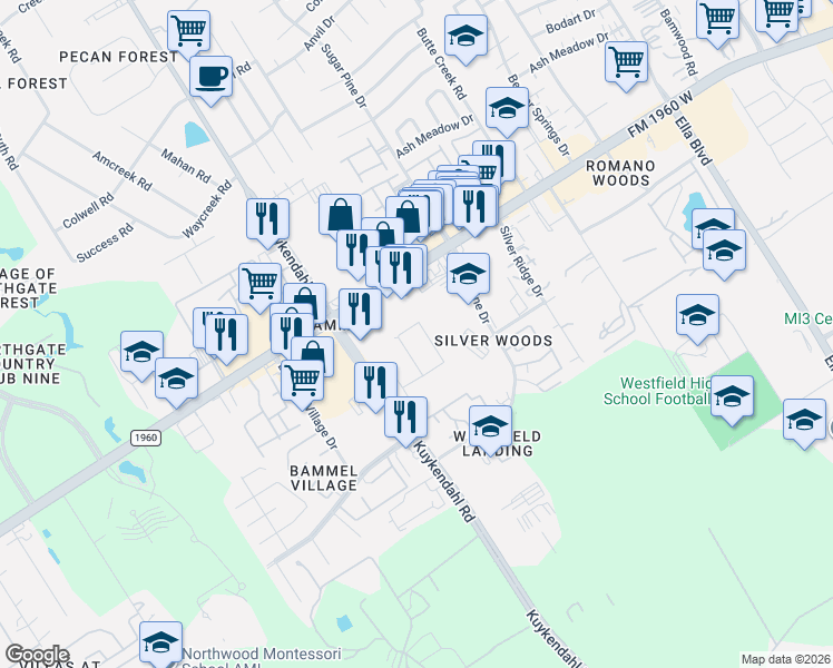 map of restaurants, bars, coffee shops, grocery stores, and more near 15650 Kuykendahl Road in Houston