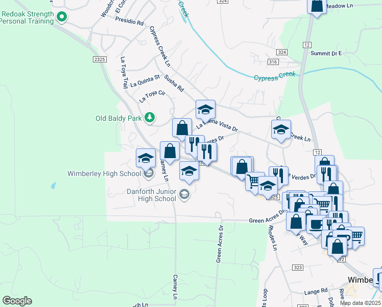 map of restaurants, bars, coffee shops, grocery stores, and more near 950 Farm to Market Road 2325 in Wimberley