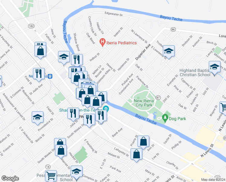 map of restaurants, bars, coffee shops, grocery stores, and more near 106 Marie Street in New Iberia