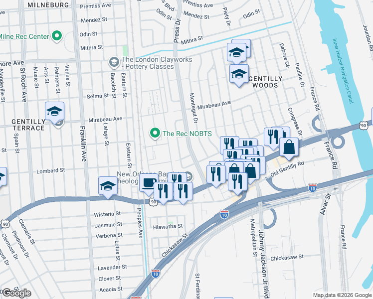 map of restaurants, bars, coffee shops, grocery stores, and more near 4143 Dement Street in New Orleans