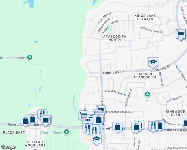 map of restaurants, bars, coffee shops, grocery stores, and more near 5323 Dawnburst Drive in Humble