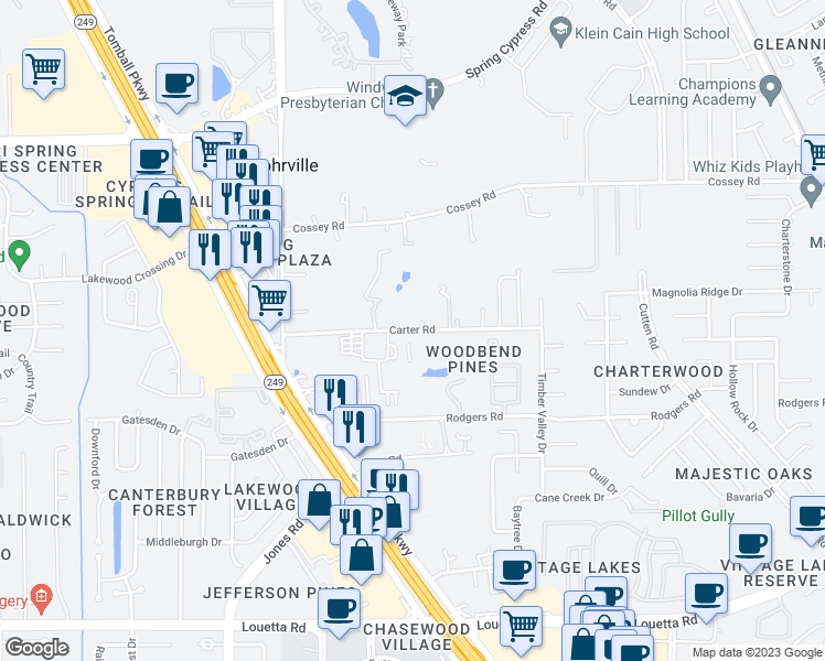 map of restaurants, bars, coffee shops, grocery stores, and more near 10393 Carter Road in Houston