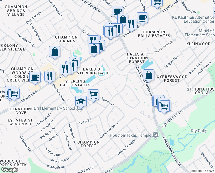 map of restaurants, bars, coffee shops, grocery stores, and more near 8707 Pagon Circle in Spring