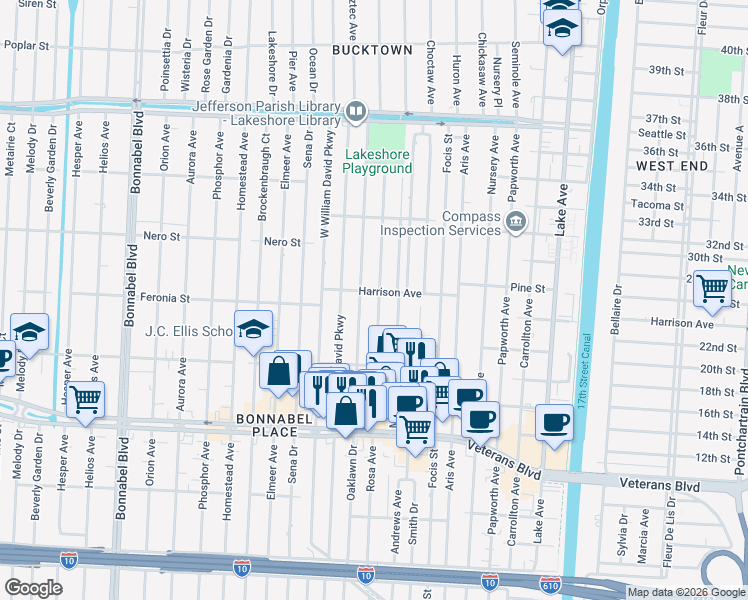 map of restaurants, bars, coffee shops, grocery stores, and more near 852 Rosa Avenue in Metairie