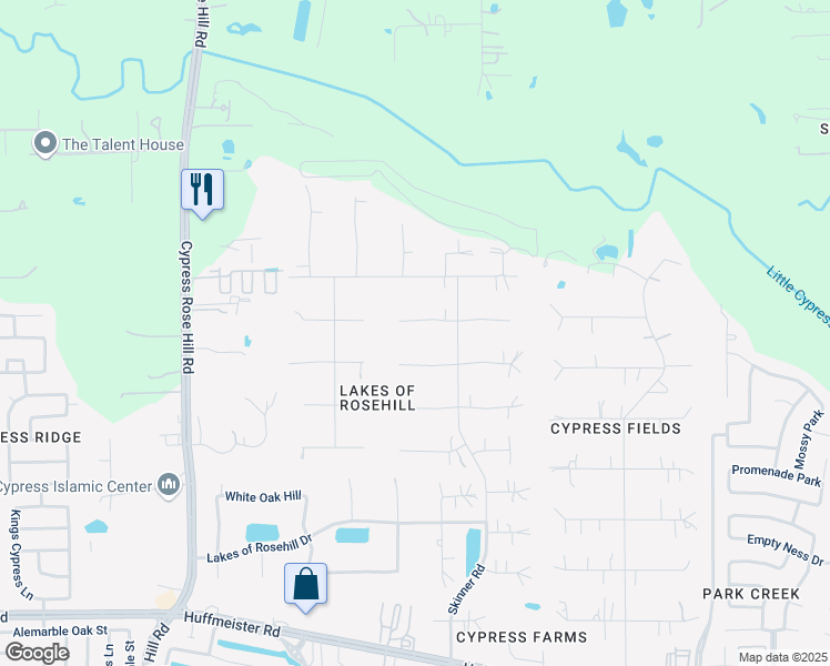 map of restaurants, bars, coffee shops, grocery stores, and more near 17418 West Blooming Rose Court in Cypress
